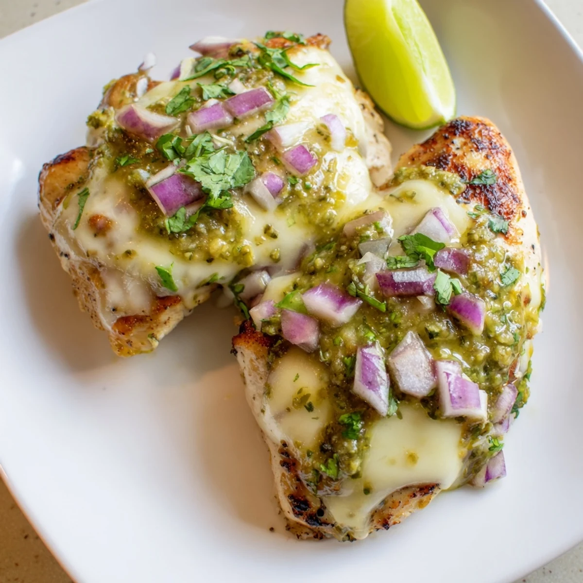 Melty Pepper Jack cheese blankets grilled chicken topped with bright salsa verde and cilantro