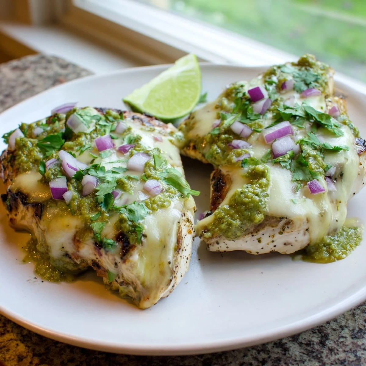 Cheesy Grilled Salsa Verde Pepper Jack Chicken sizzling on a hot outdoor grill with lime wedges