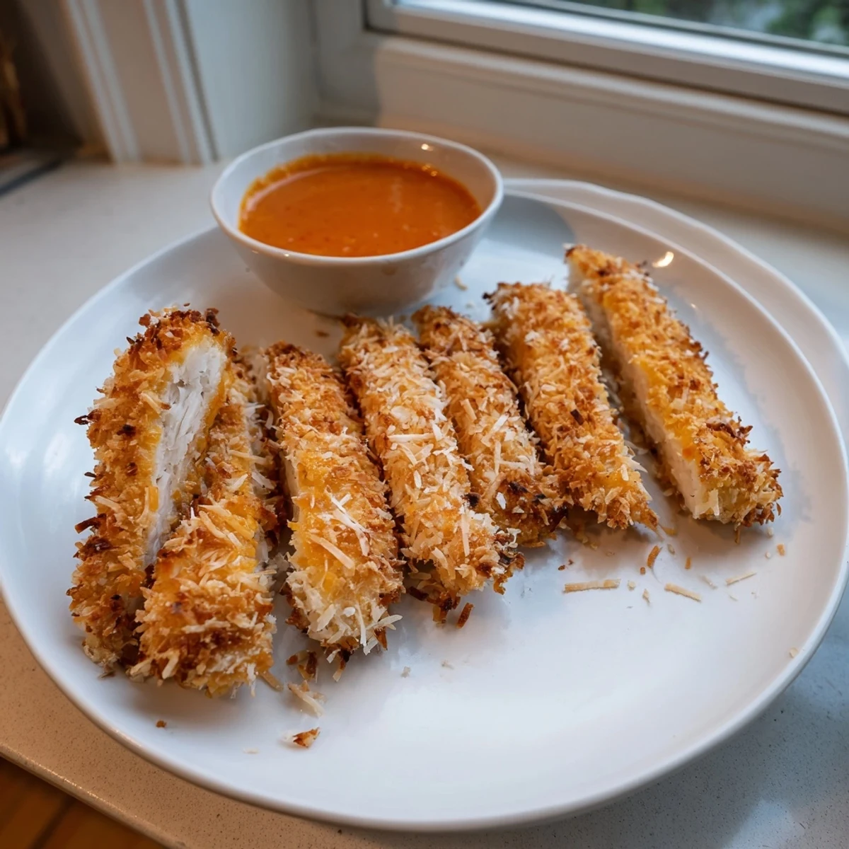 Golden crunchy coconut chicken strips served with sweet chili dipping sauce