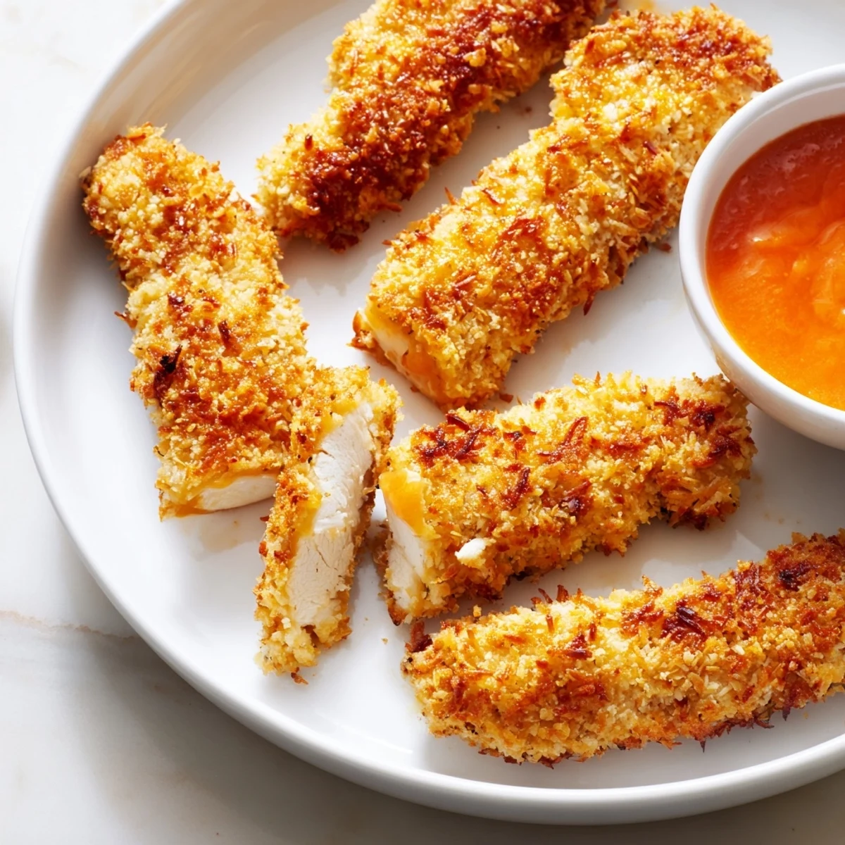 Crispy baked crunchy coconut chicken tenders arranged on a rustic plate