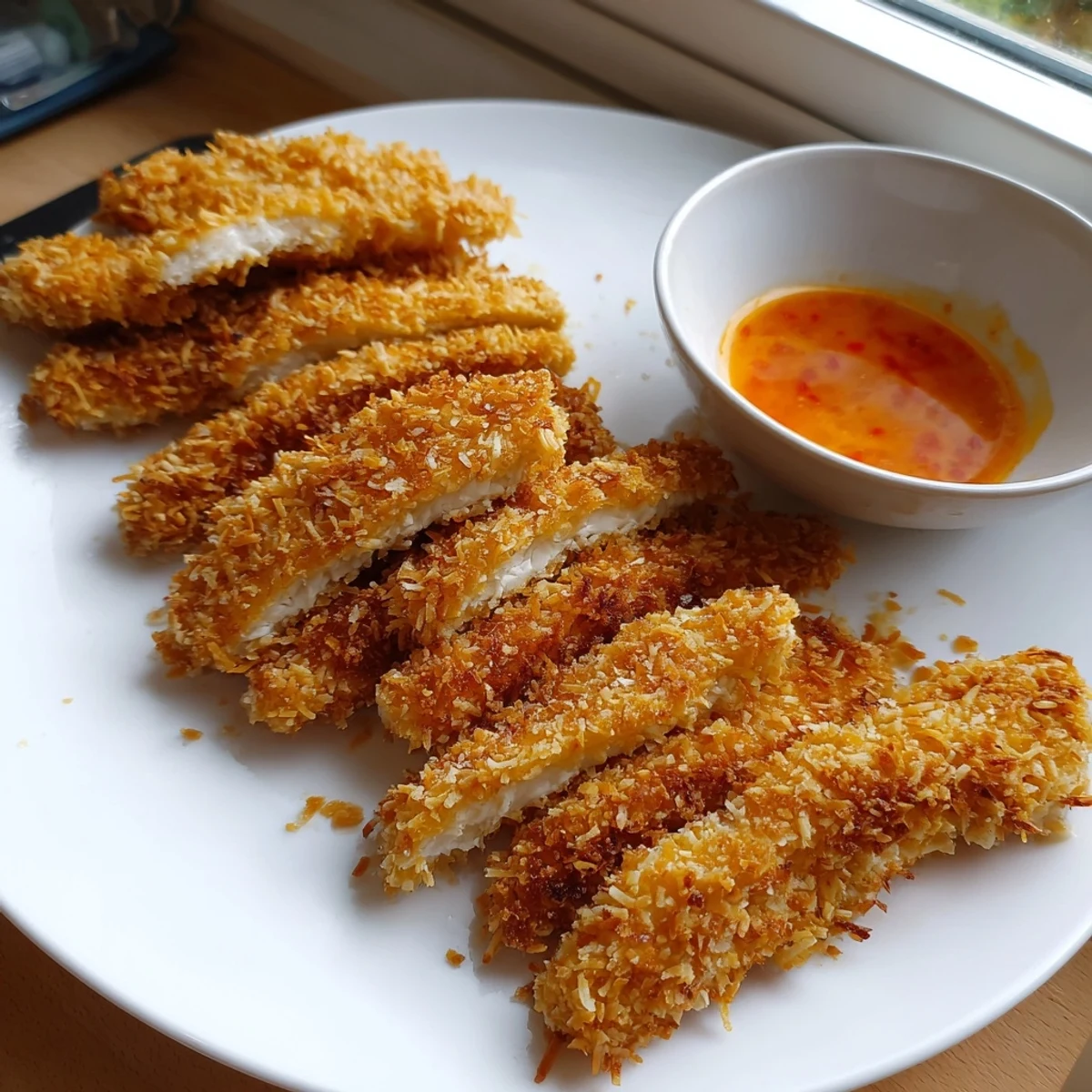 Juicy crunchy coconut chicken pieces fresh from the skillet with mango chutney