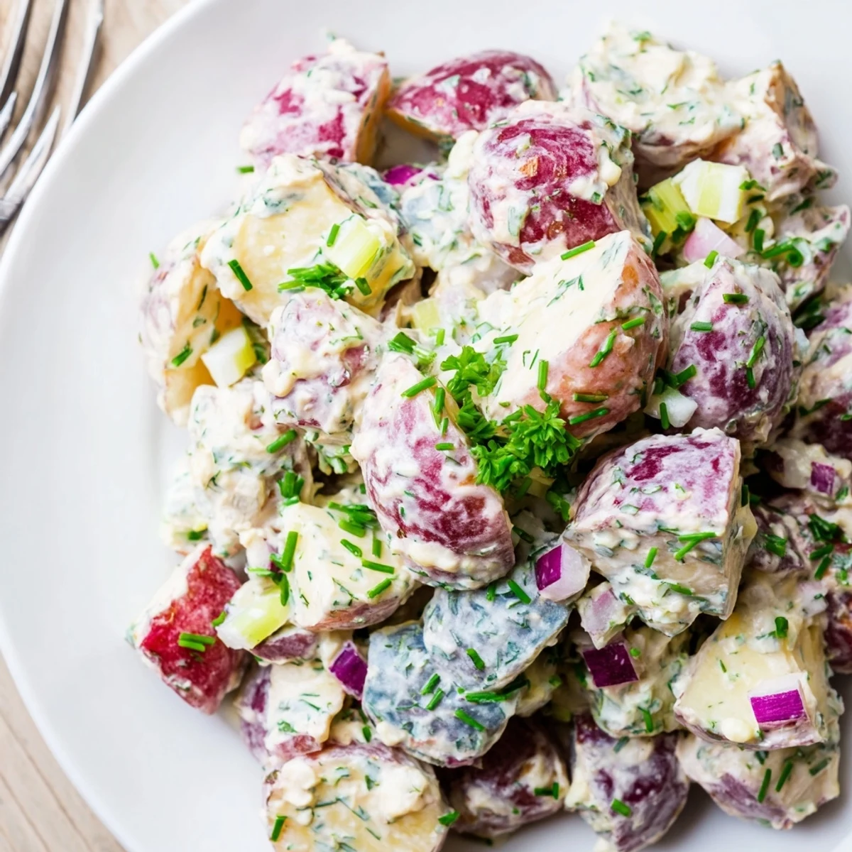 Red White Blue Potato Salad garnished with chives and served in a large bowl