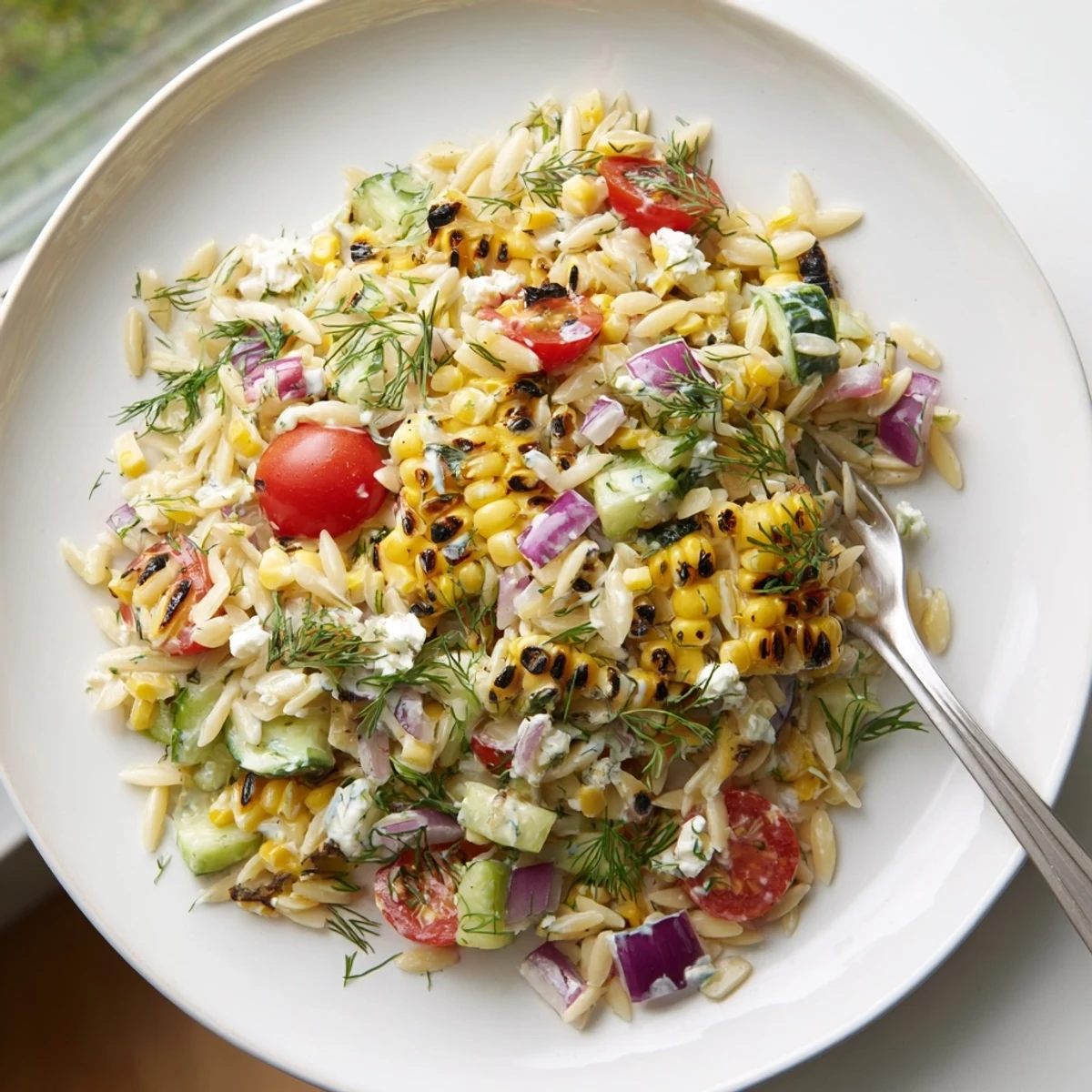 A vibrant bowl of grilled corn orzo salad tossed with creamy scallion dill dressing and fresh vegetables