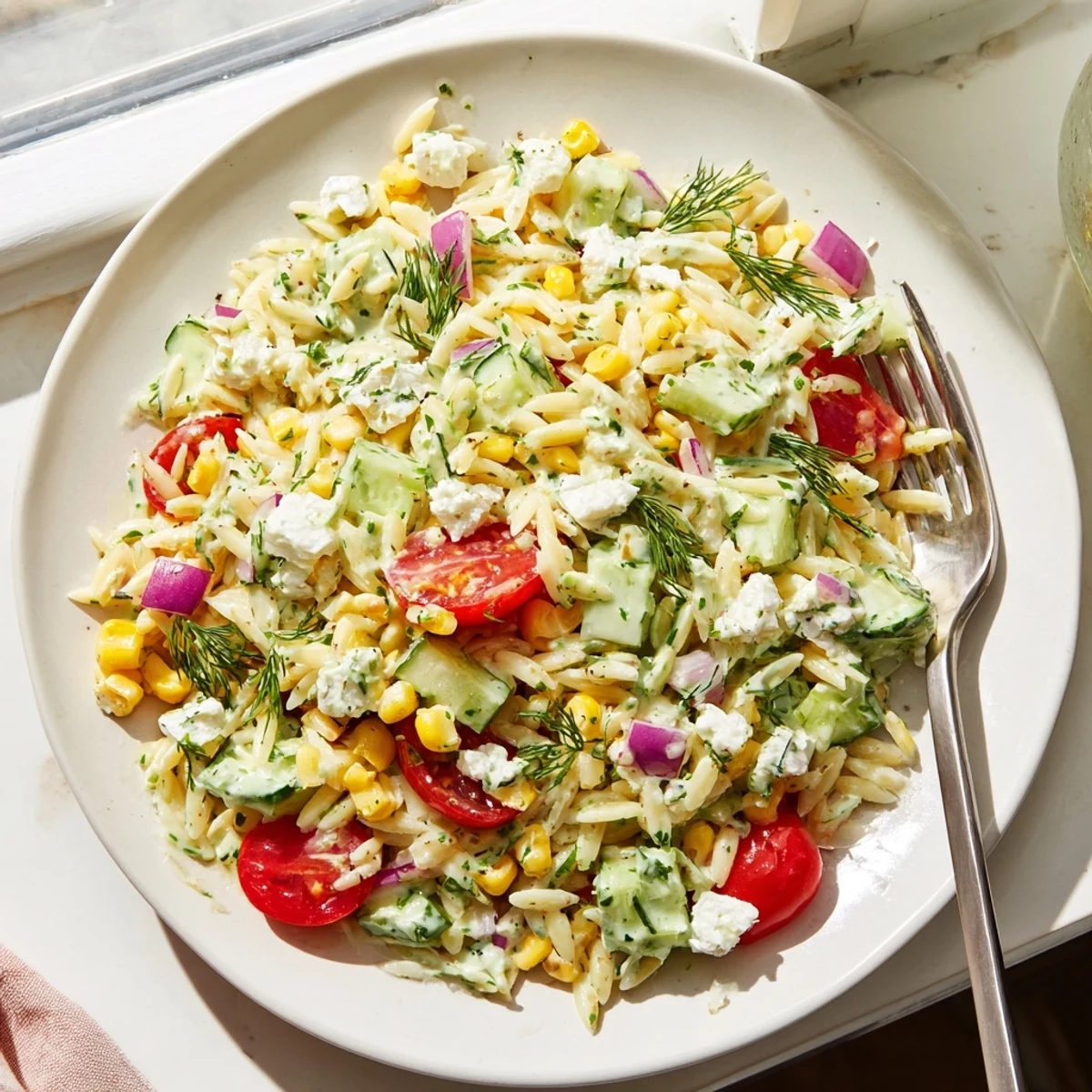 Smoky grilled corn kernels mingling with tender orzo pasta and bright herb-packed scallion dill dressing