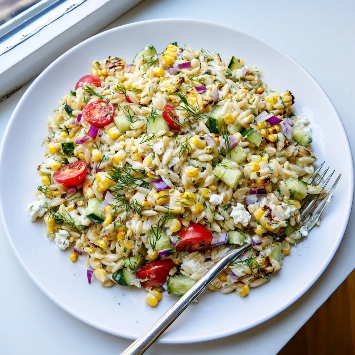 Grilled corn orzo salad served in a rustic bowl topped with crumbled feta and chopped dill