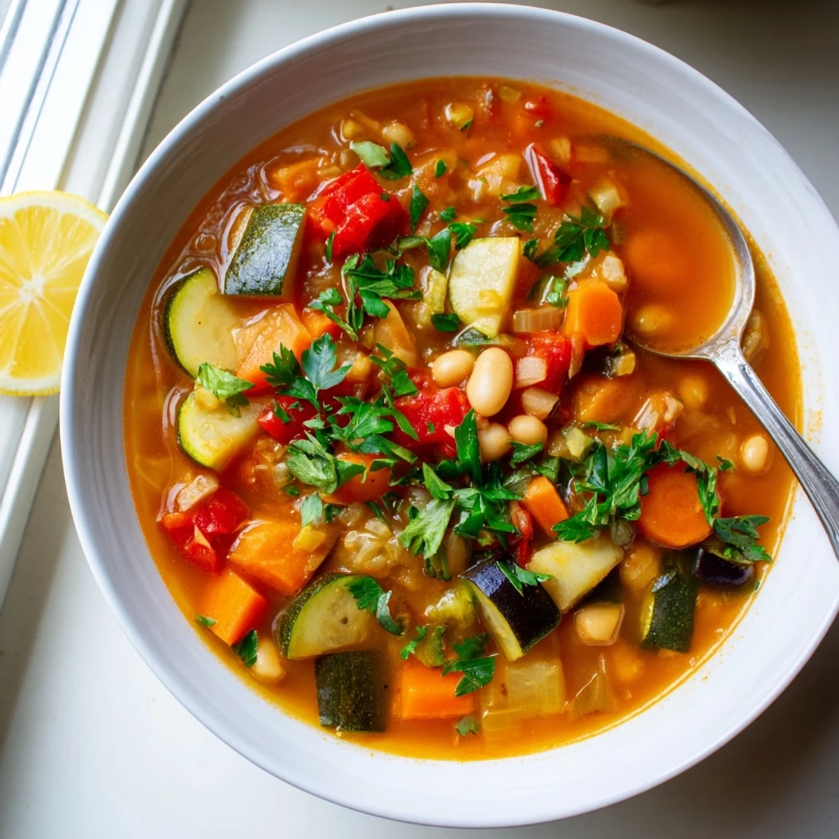 Steaming bowl of Mediterranean Soup topped with fresh parsley and a bright lemon wedge