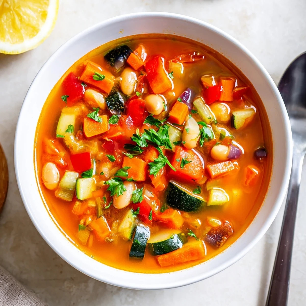 Colorful Mediterranean Soup loaded with tender vegetables, beans, and fragrant herbs in a rustic bowl