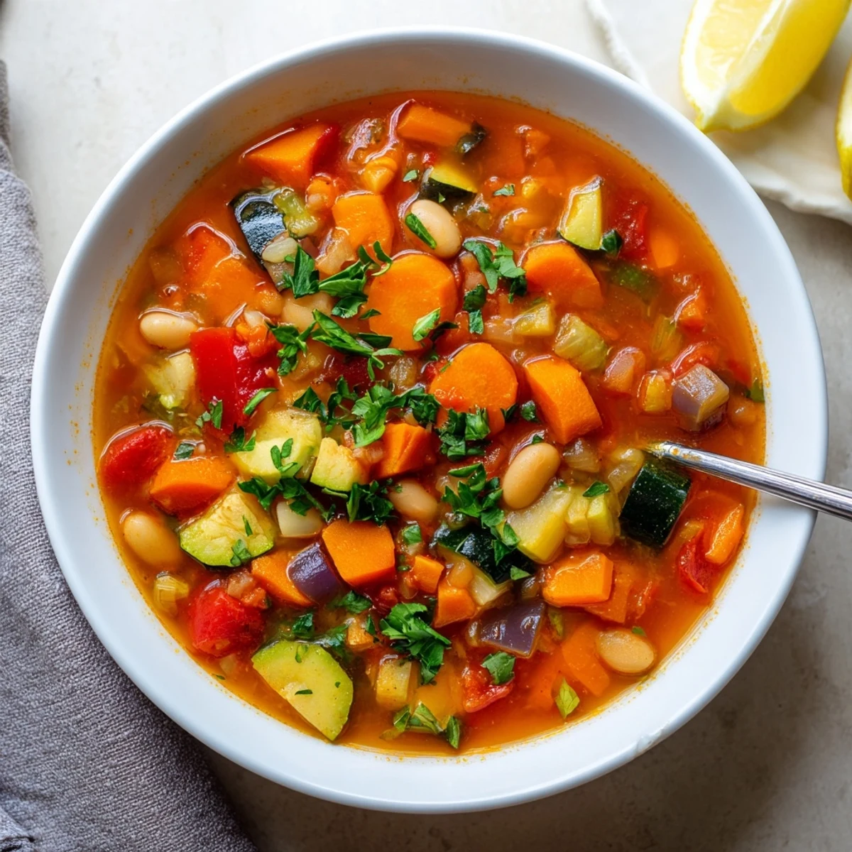 Creamy Mediterranean Soup with sun-kissed vegetables and cannellini beans ladled into a ceramic bowl