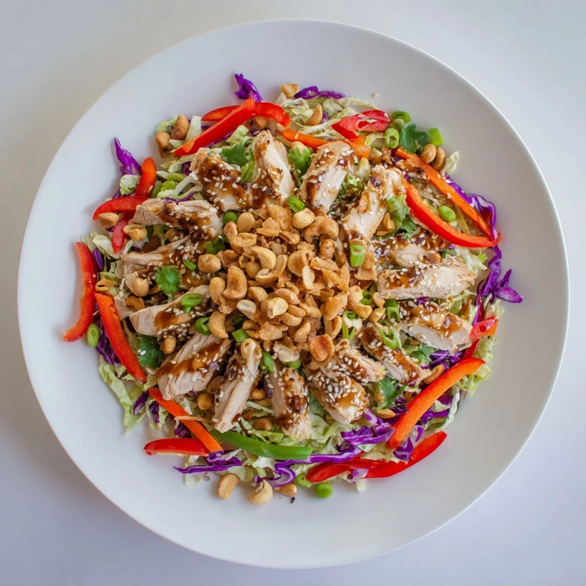 Chicken cashew crunch salad in a bowl with julienned carrots and wonton strips