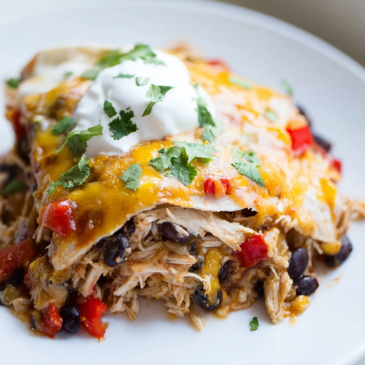 Golden chicken burrito casserole fresh from the oven with bubbly melted cheese on top