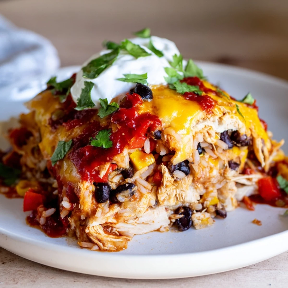 Steaming scoop of chicken burrito casserole topped with sour cream and fresh cilantro