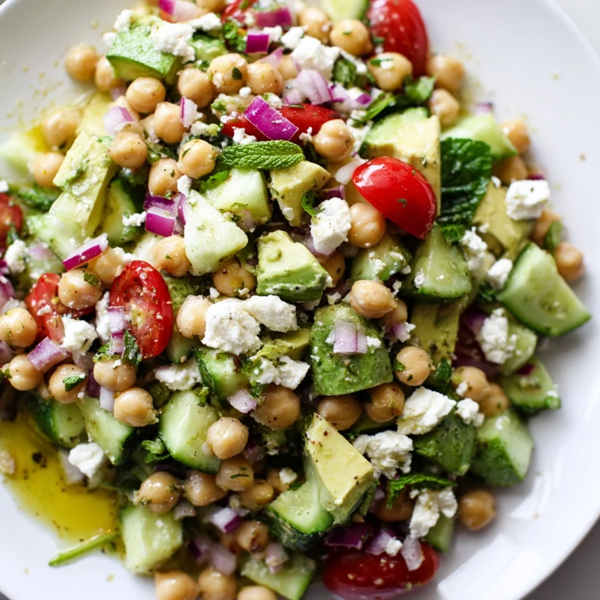 Creamy chickpea feta avocado salad in a rustic bowl with lemon dressing