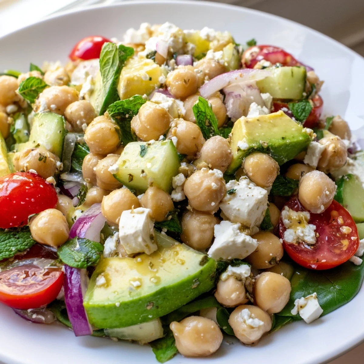 Vibrant chickpea feta avocado salad served on a bed of leafy greens