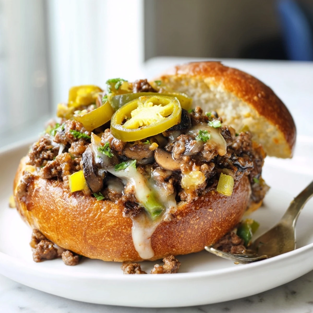 Gordon Ramsay's Cheesy Philly Sloppy Joes with melted provolone on toasted brioche buns