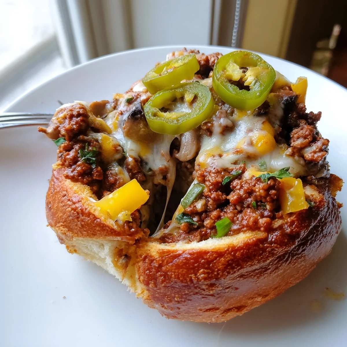 Cheesy Philly Sloppy Joes topped with sautéed peppers onions and gooey cheese
