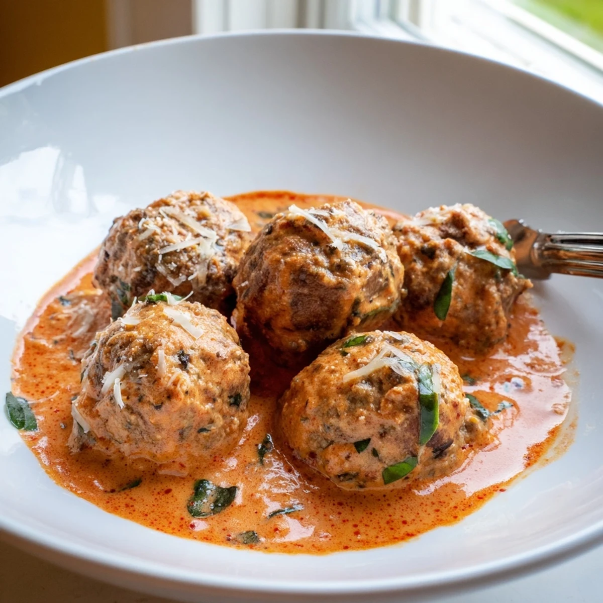 Golden meatballs nestled in creamy tomato basil sauce topped with fresh basil leaves