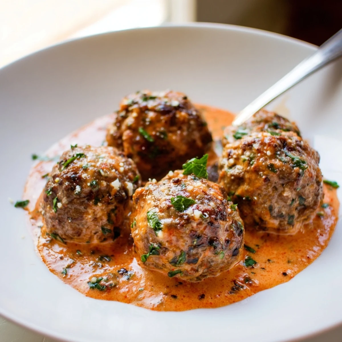 Creamy tomato basil meatballs swimming in rich red sauce beside buttered pasta
