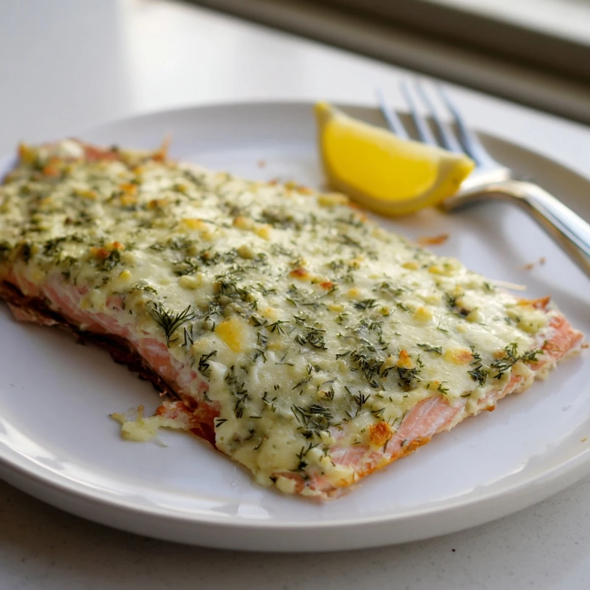 Creamy Boursin salmon fillets baked golden with fresh herbs and lemon zest