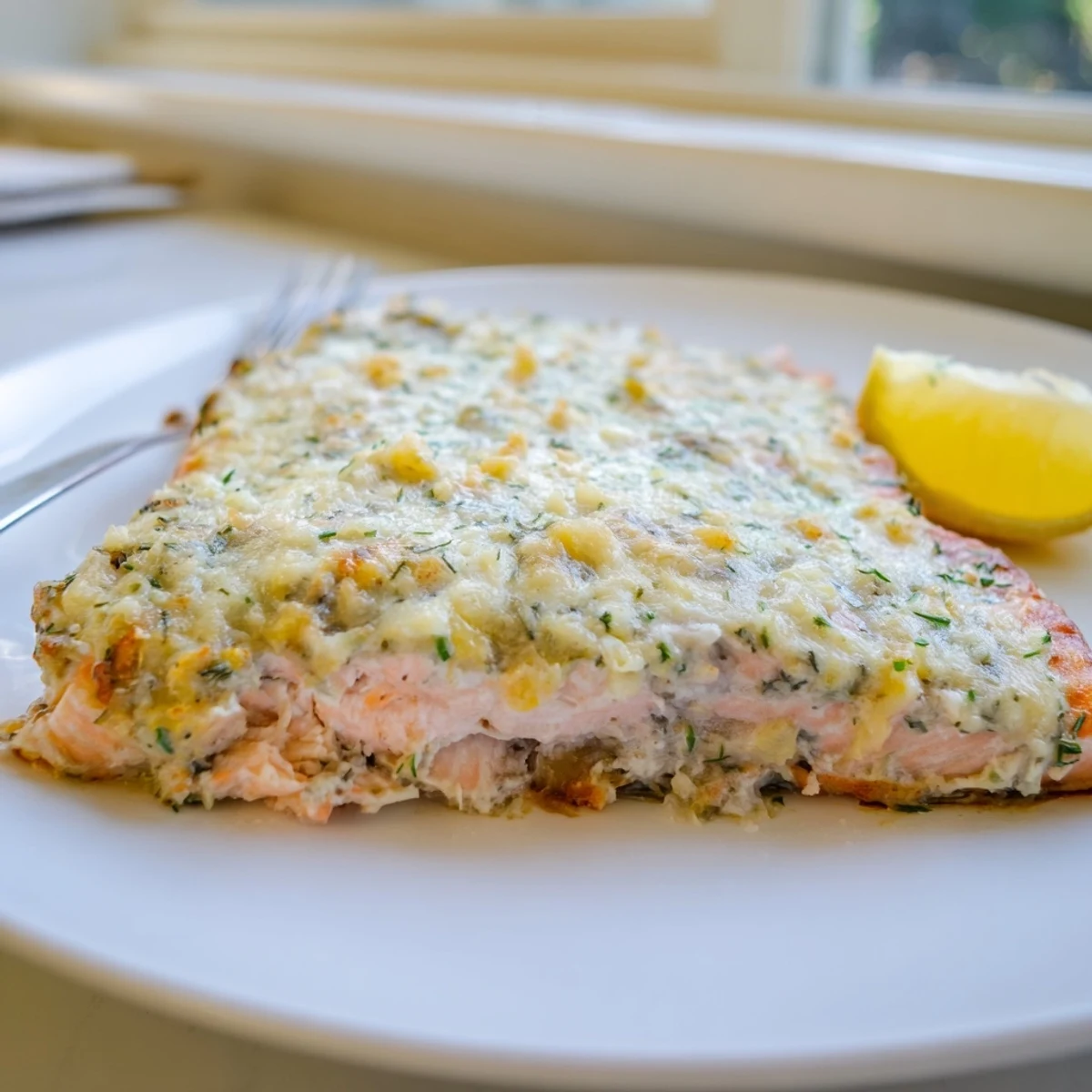 Herb-crusted Boursin salmon served hot on a parchment-lined baking sheet with lemon wedges