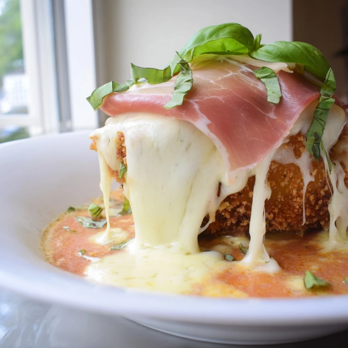 Chicken Valdostana baked in a savory white wine tomato sauce with gooey melted cheese