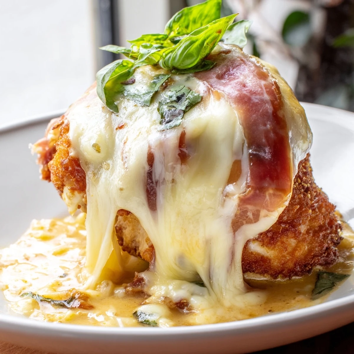 Golden Chicken Valdostana topped with melted Fontina and crispy prosciutto in rich tomato sauce