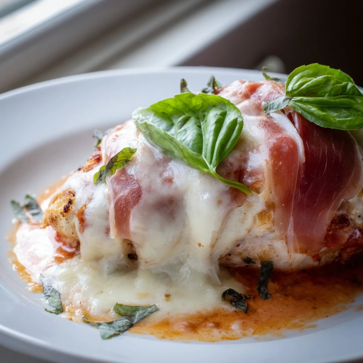Bubbling Chicken Valdostana with prosciutto and Fontina cheese served in a rustic iron skillet