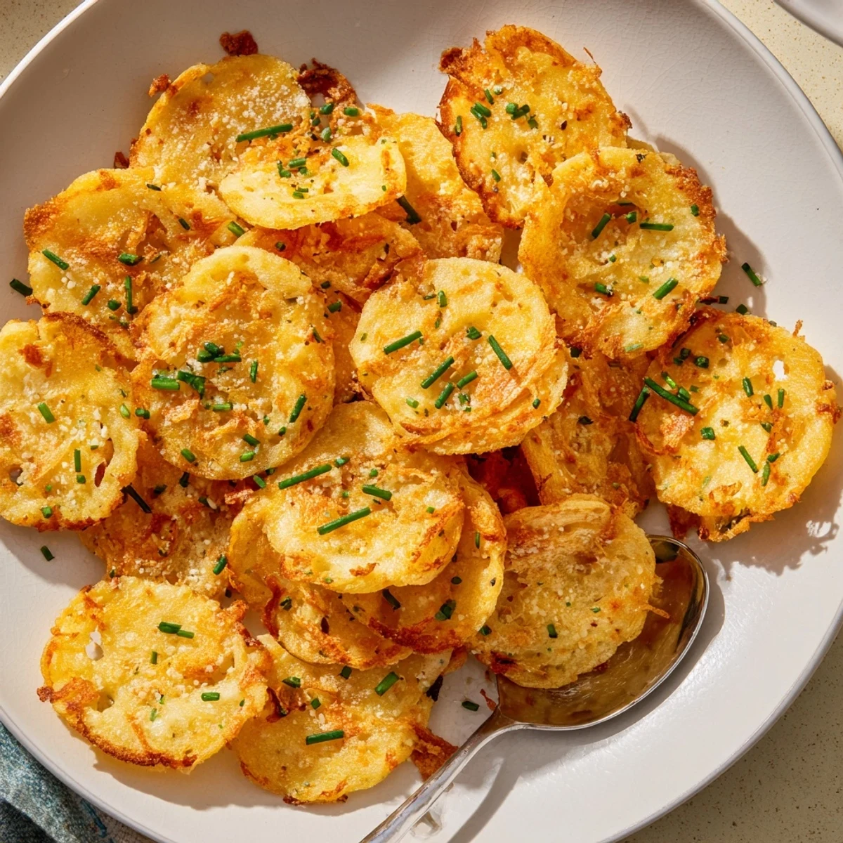 Golden crispy cottage cheese chips fresh from the oven on parchment paper