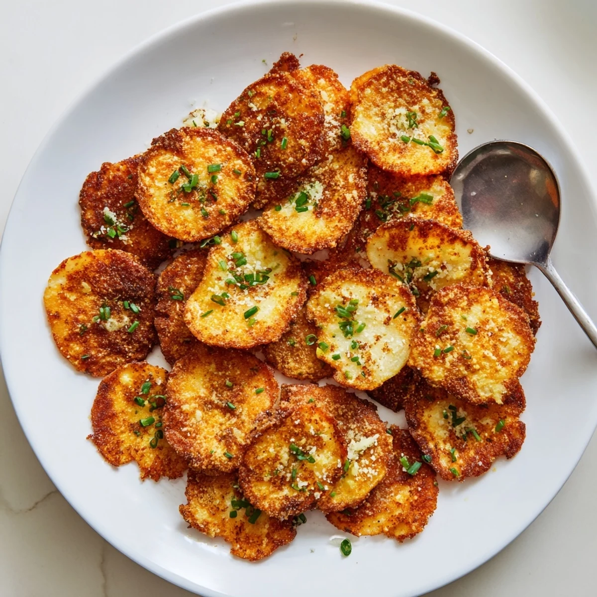 Savory golden brown cottage cheese chips arranged on a rustic white plate