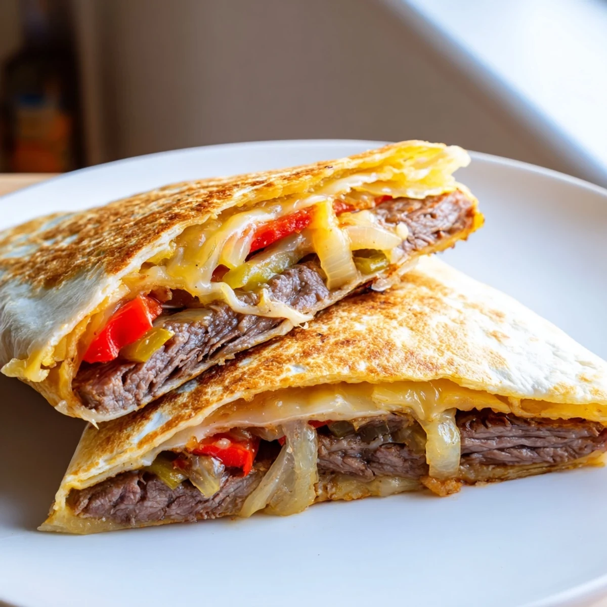 Crispy golden steak quesadillas oozing with melted cheese and colorful sautéed vegetables