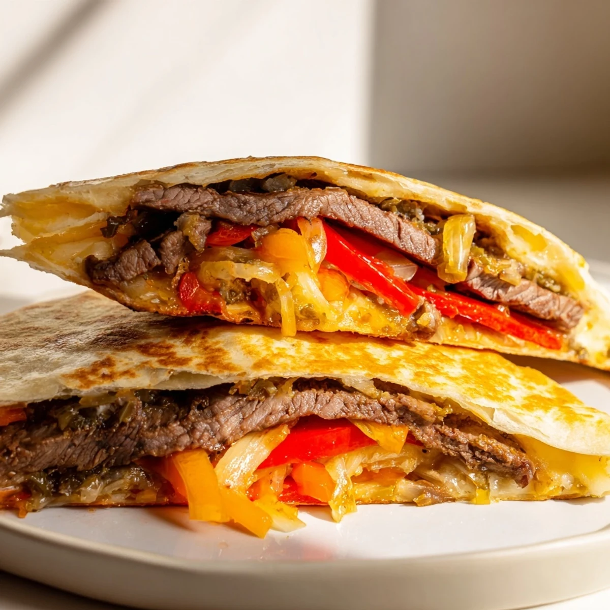 Steak quesadillas cut into wedges served with sour cream salsa and lime