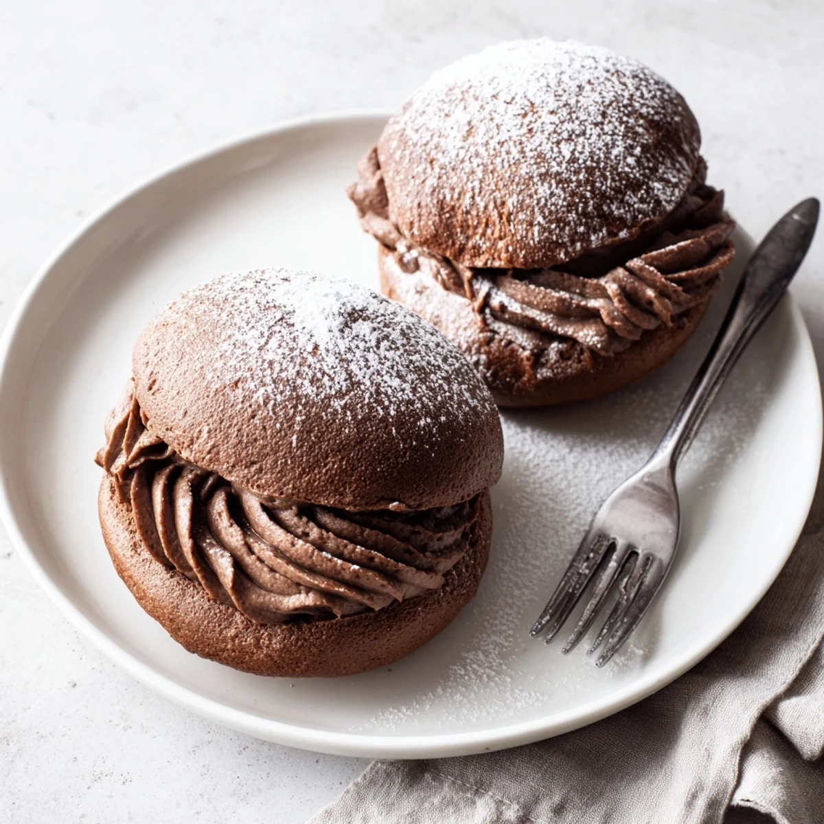 Italian Chocolate Maritozzi split open revealing generous dark chocolate whipped cream filling