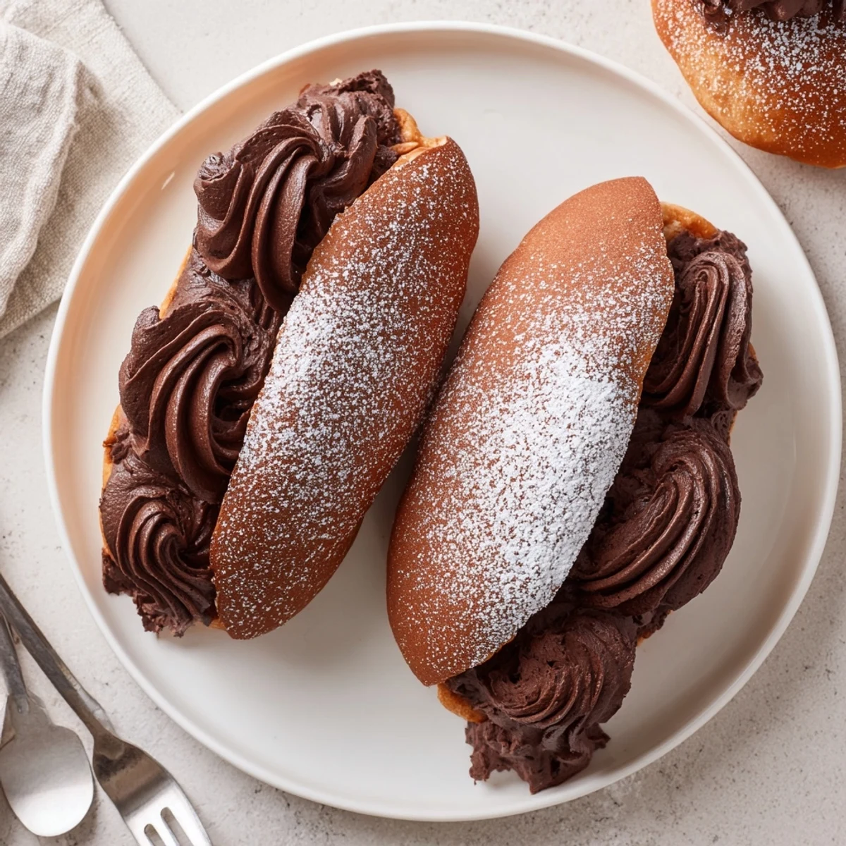 Golden brown Italian Chocolate Maritozzi topped with pillowy chocolate cream and fine sugar dusting