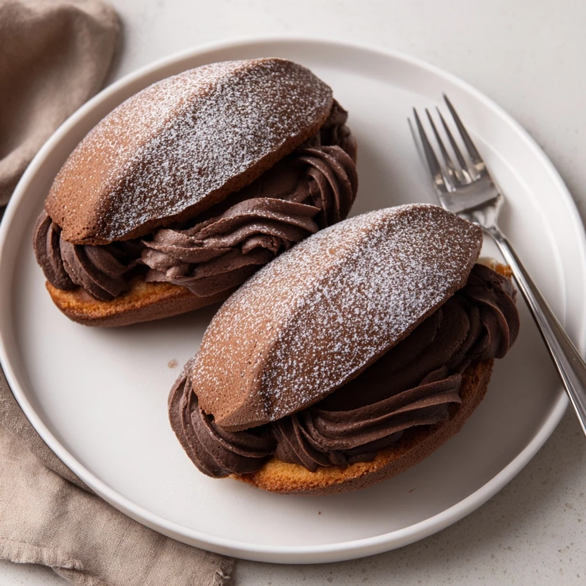 Soft cocoa Italian Chocolate Maritozzi buns dusted with powdered sugar on rustic parchment