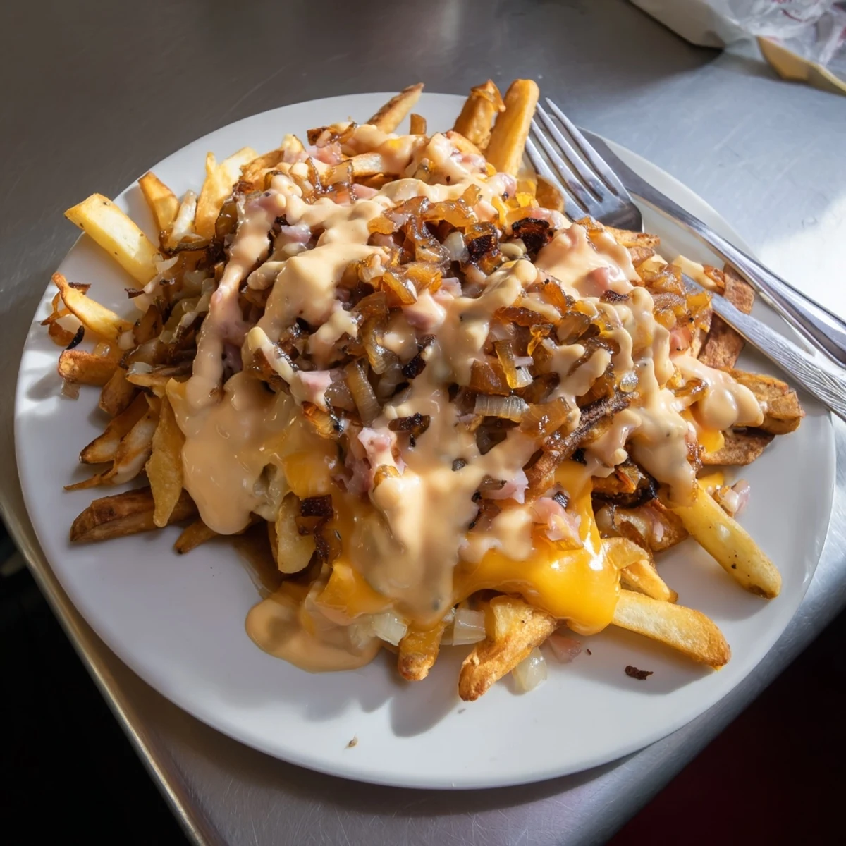 Golden crispy fries loaded with melted cheese and caramelized onions for these irresistible In-N-Out Animal Style Fries