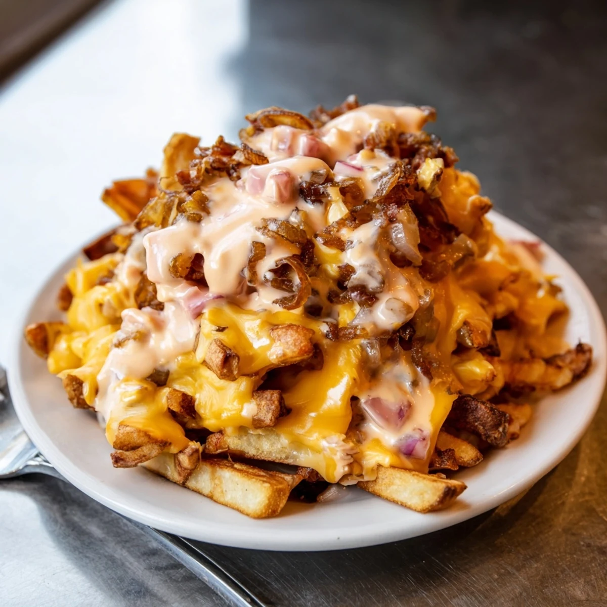 In-N-Out Animal Style Fries smothered in gooey American cheese with tangy special sauce drizzled on top