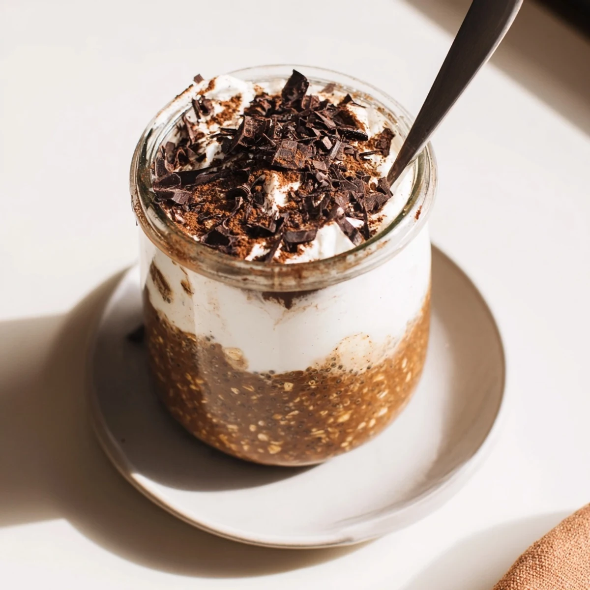 Creamy tiramisu overnight oats in glass jars topped with cocoa dusting and dark chocolate shavings
