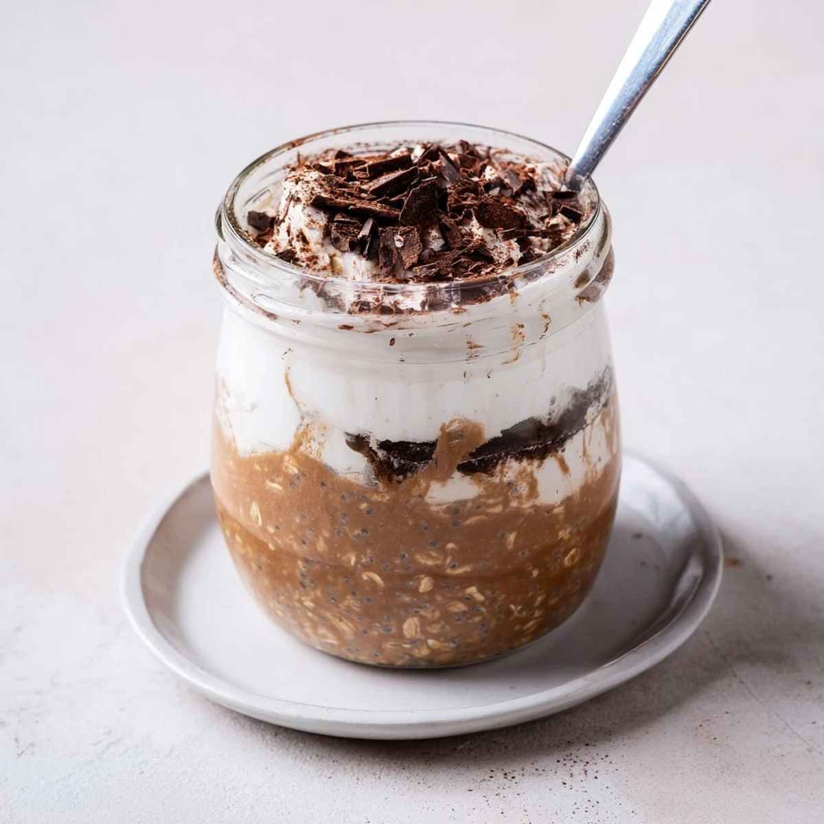 Velvety tiramisu overnight oats served chilled with a thick mascarpone layer and cocoa finish