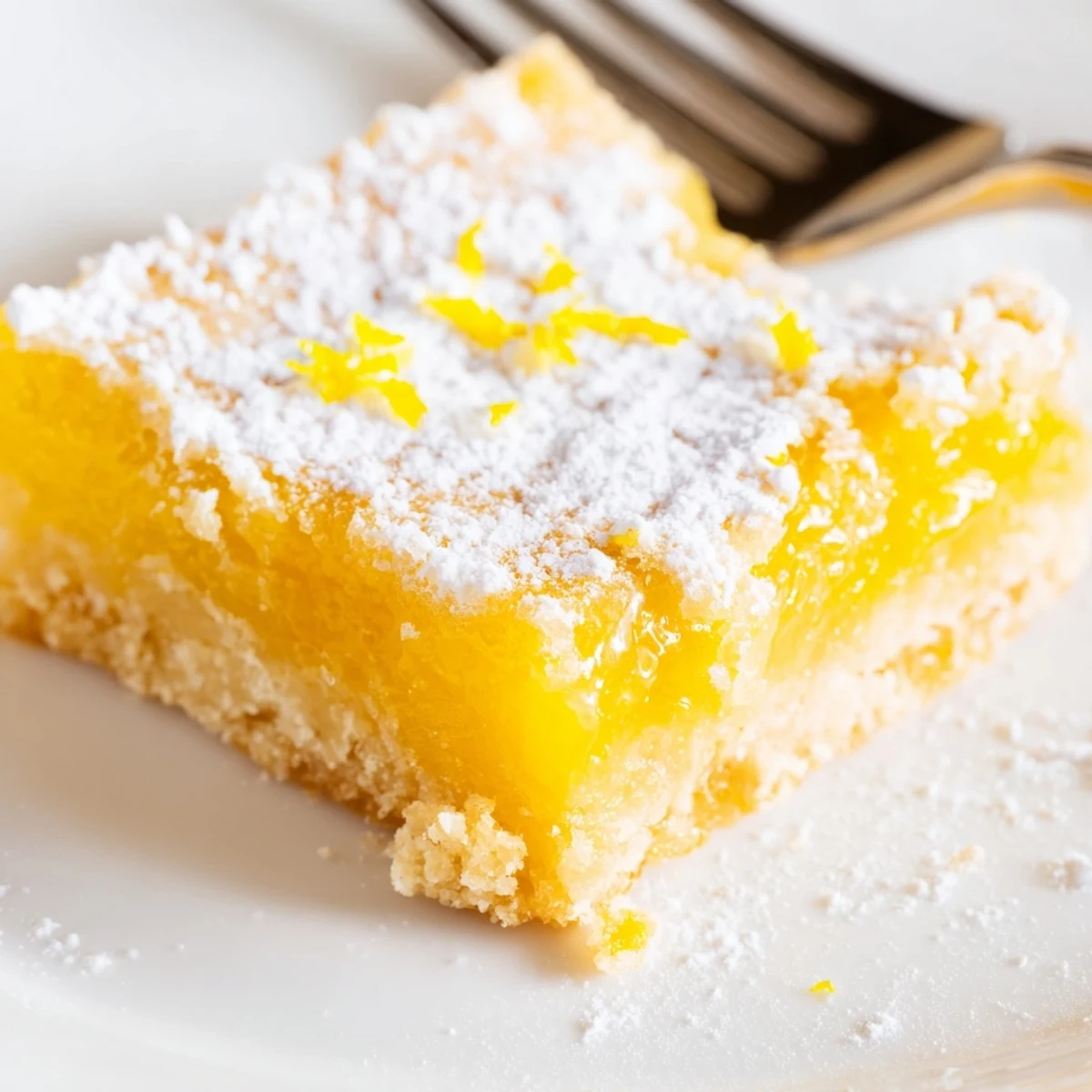 Golden simple lemon bars dusted with powdered sugar on a rustic cutting board