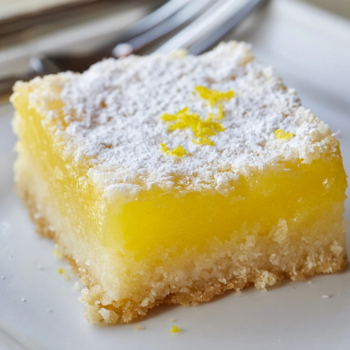 Tangy simple lemon bars topped with a snowy layer of powdered sugar ready to serve