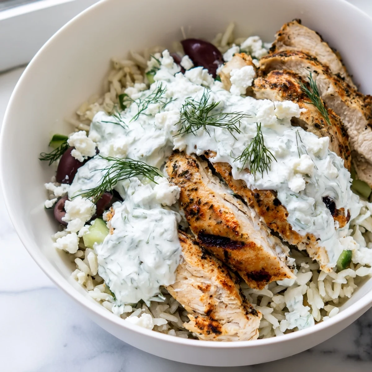 Juicy herbed Greek Chicken Bowls with bright vegetables, fluffy rice, and creamy tzatziki