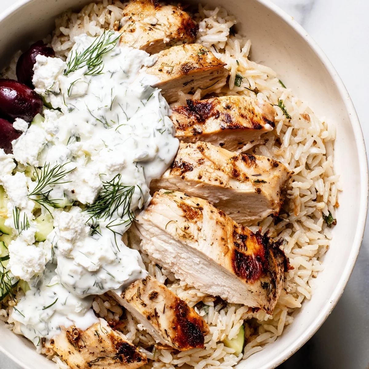 Golden sliced Greek Chicken Bowls topped with crumbled feta, olives, and fresh lemon wedges