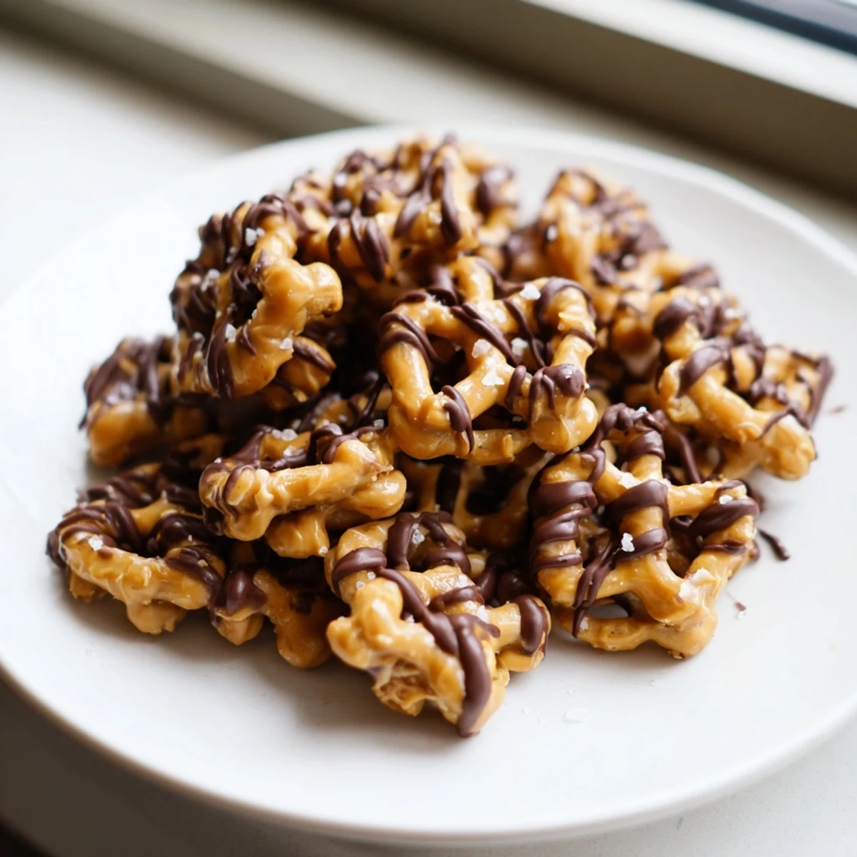 Glossy butter toffee pretzels drizzled with melted chocolate on parchment paper