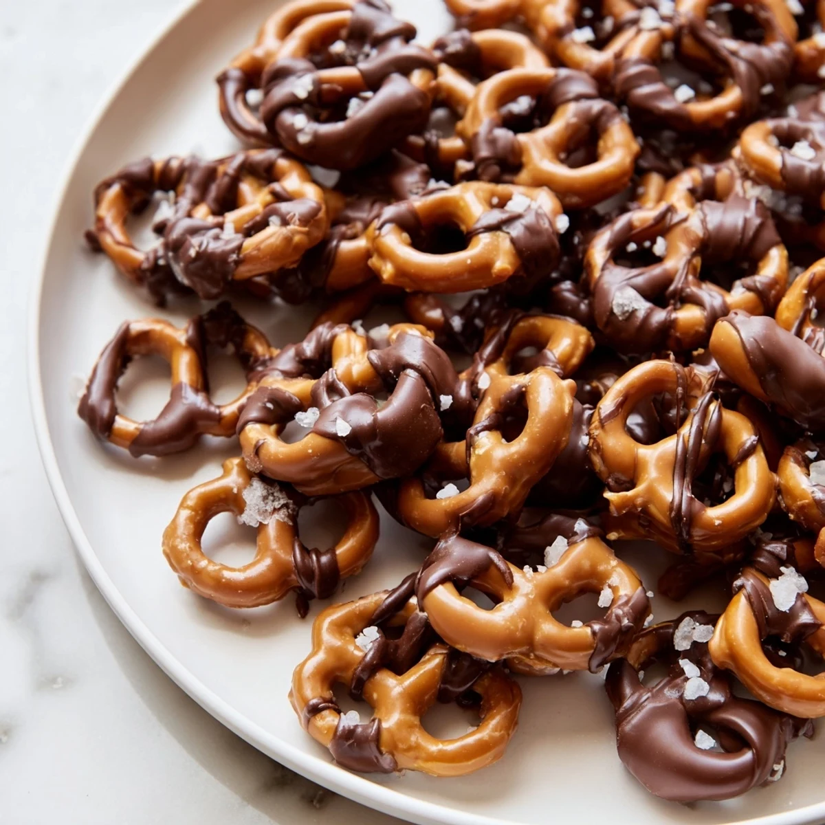 Crunchy butter toffee pretzels topped with chocolate drizzle and flaky salt