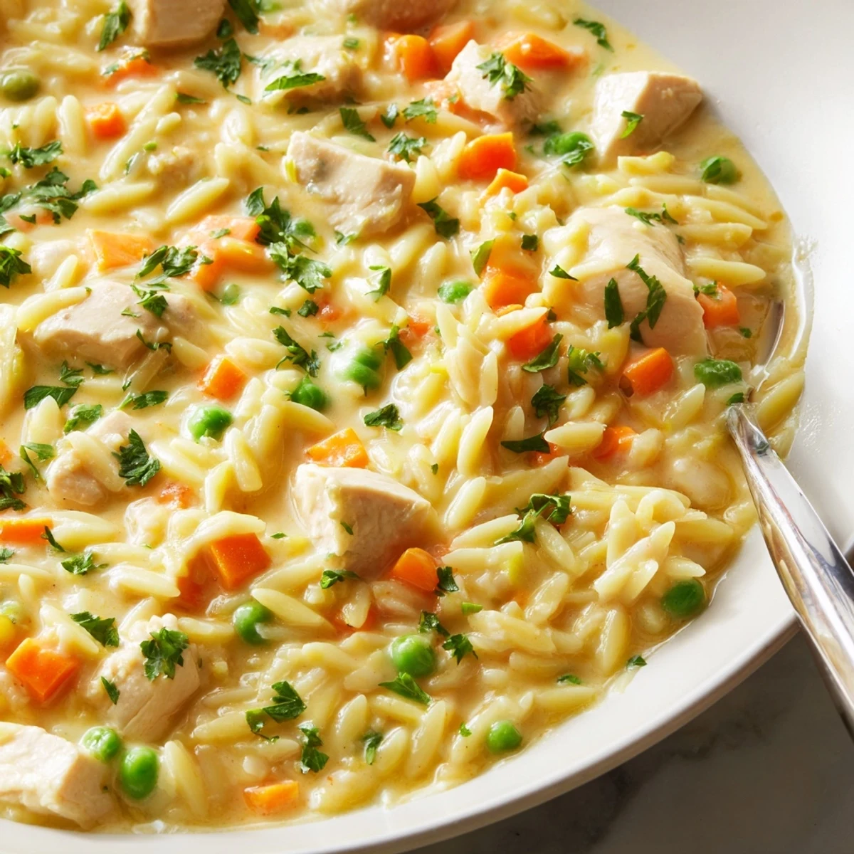 Creamy chicken pot pie orzo served steaming in a rustic bowl with fresh parsley