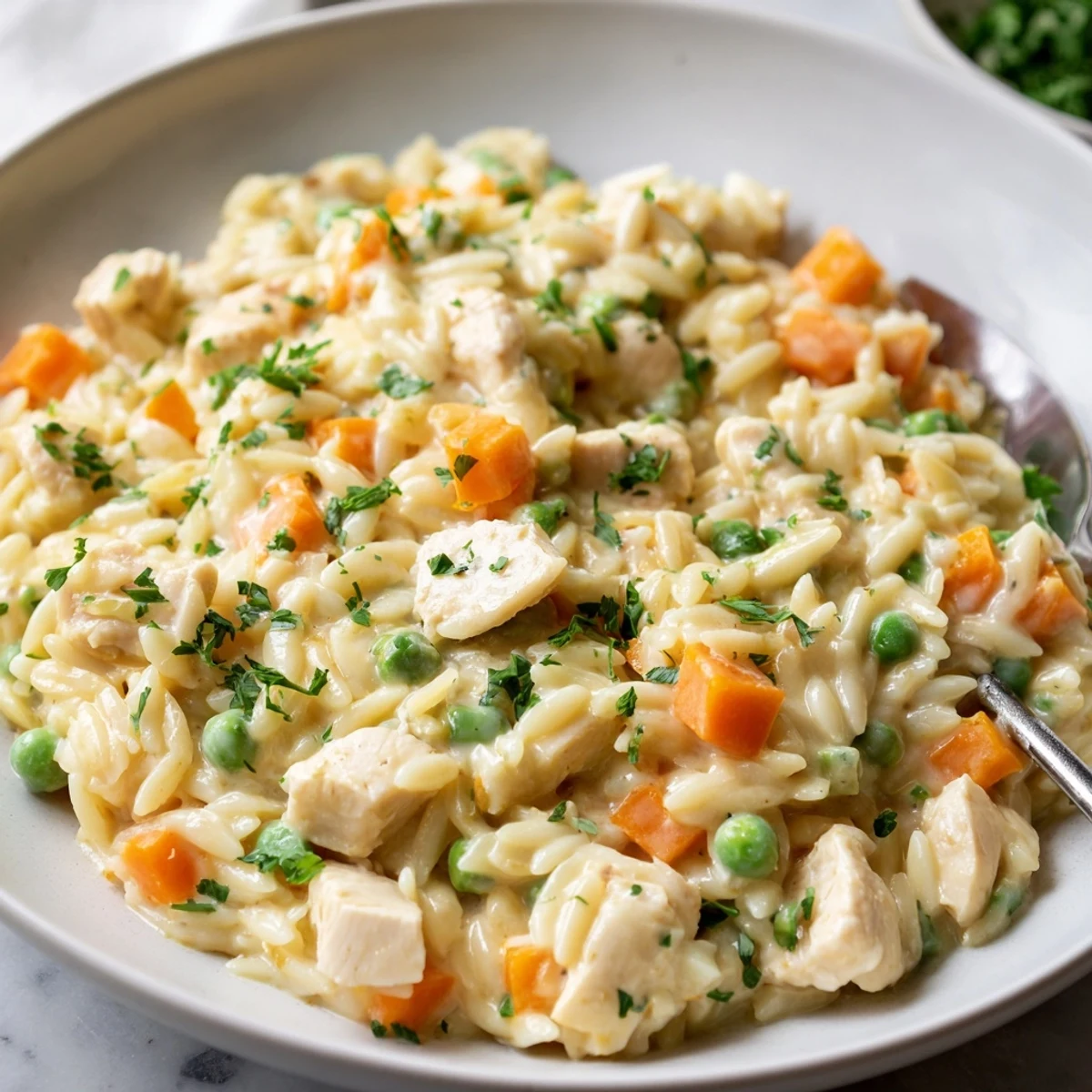Hearty creamy chicken pot pie orzo topped with cracked pepper in a white skillet