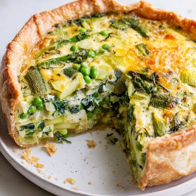 Savory Spring Vegetable Quiche with Crust on a white plate, served warm with a fresh green salad for a light lunch. 