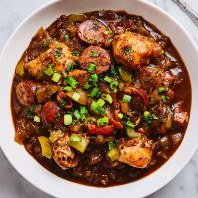 A hearty bowl of Cajun Chicken and Sausage Gumbo with andouille sausage, tender chicken, and garnish.