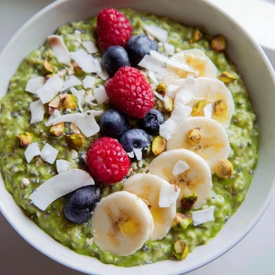 Vibrant green matcha overnight oats served in mason jars with toasted coconut and crunchy almonds