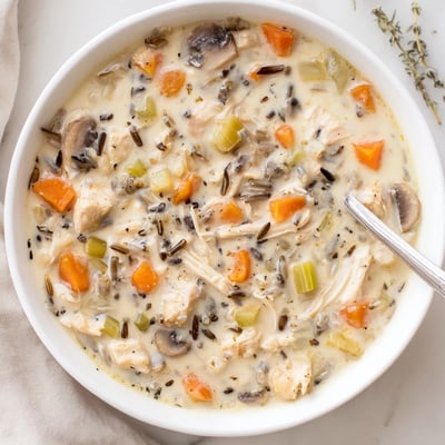Hearty creamy slow cooker chicken mushroom wild rice soup ladled into a rustic bread bowl