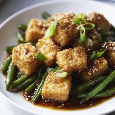 Crispy black pepper tofu with tender green beans garnished with sesame seeds